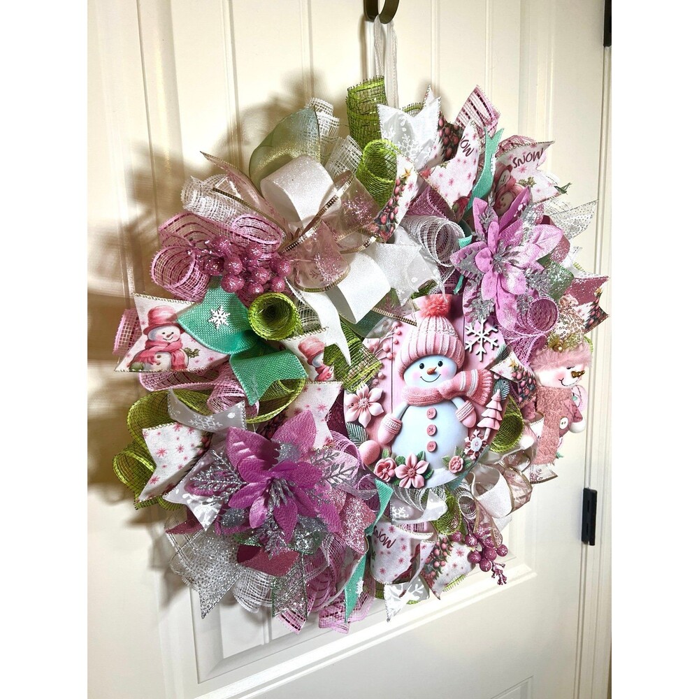 Handmade Pink Winter Snowman Holiday Ribbon Door Wreath 22 ins W81 - Picture 3 of 11